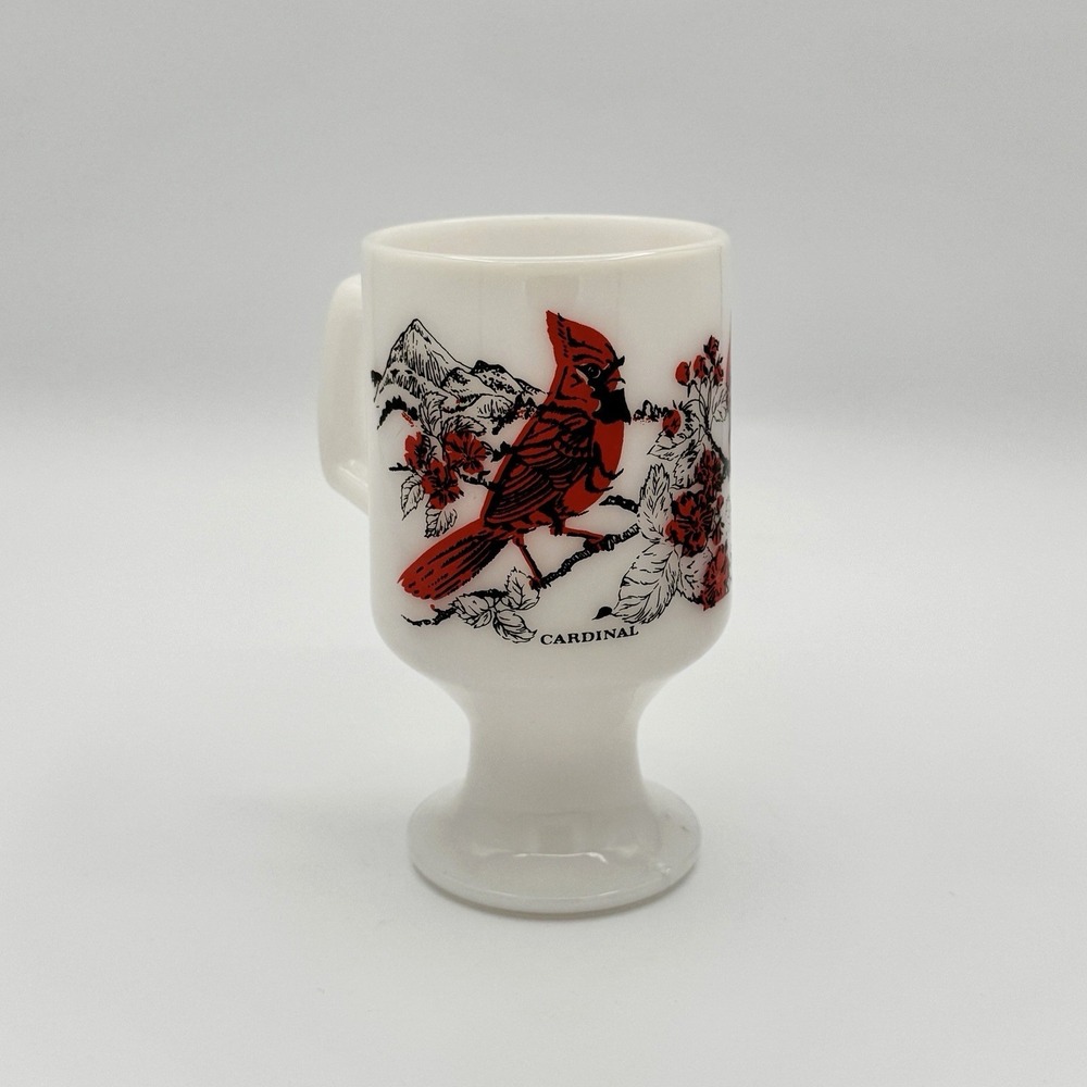 Vintage Red Cardinal Bird Milk Glass Pedestal Coffee Mug White Footed Tea Cup